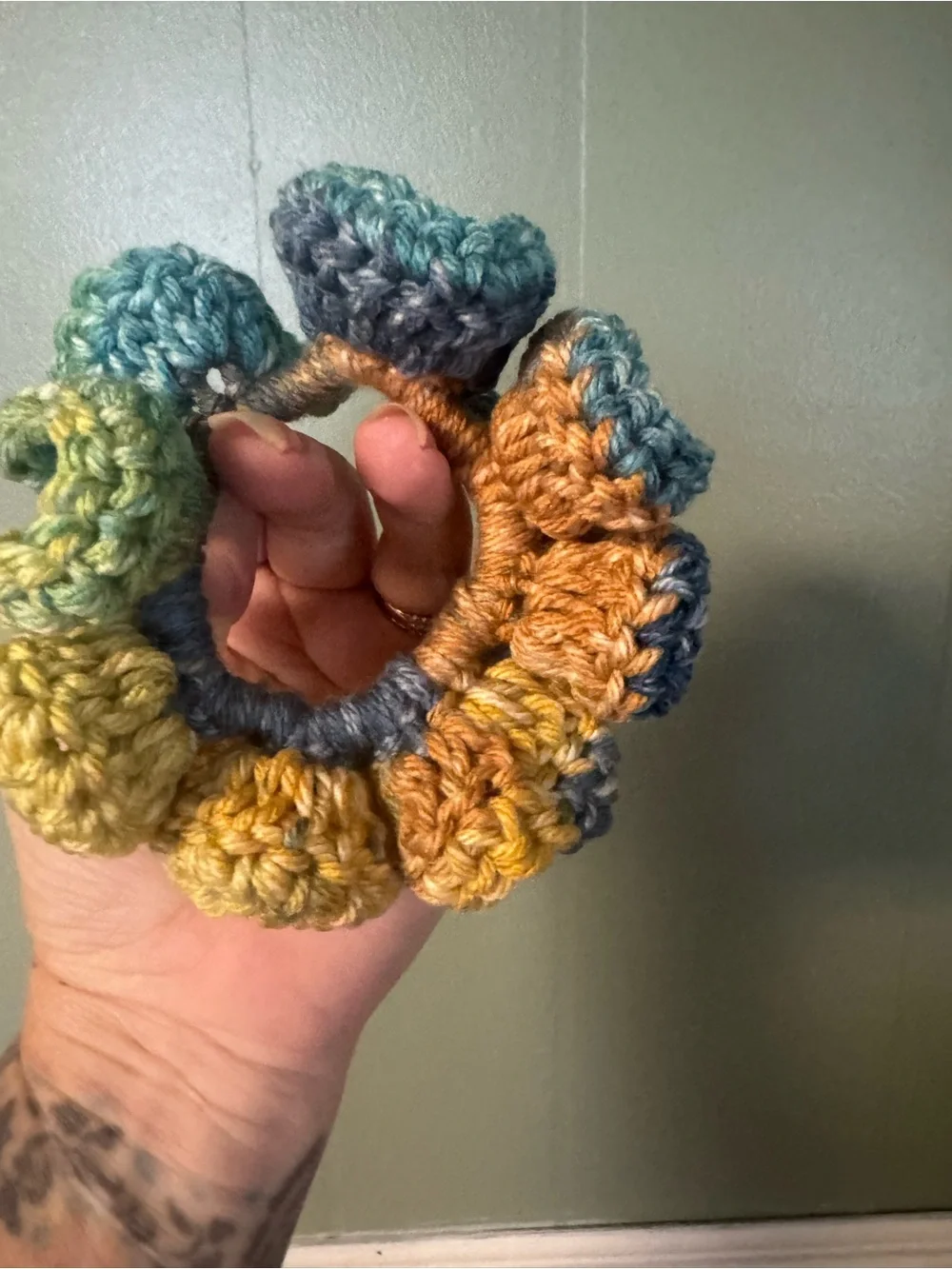 Handmade Multicolor Crochet Scrunchie - Yellow, Green, Blue